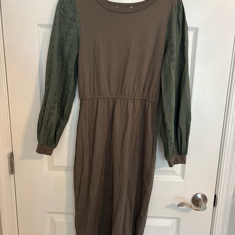 DownEast Olive Green Sheath Dress with Bishop Sleeves